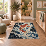 Koi Climbing Waterfall koi fish rug in a nursery with a crib and armchair