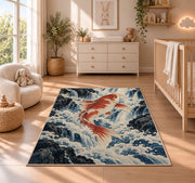 Koi Climbing Waterfall koi fish rug in a nursery beside a crib