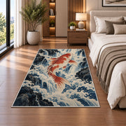 Koi Climbing Waterfall koi fish rug in a bedroom beside the bed