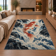 Koi Climbing Waterfall koi fish rug in a living room with a fireplace