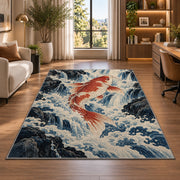 Koi Climbing Waterfall koi fish rug in a home office beside a desk