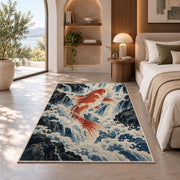 Koi Climbing Waterfall koi fish rug in a bedroom with an arched window