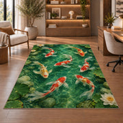 Koi Pond with Lily Pads koi fish rug in a study with an armchair and bookshelves