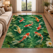 Koi Pond with Lily Pads koi fish rug in a living room beside a sofa