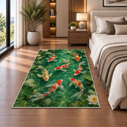 Koi Pond with Lily Pads koi fish rug in a bedroom beside the bed