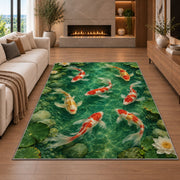 Koi Pond with Lily Pads koi fish rug in a living room with a fireplace
