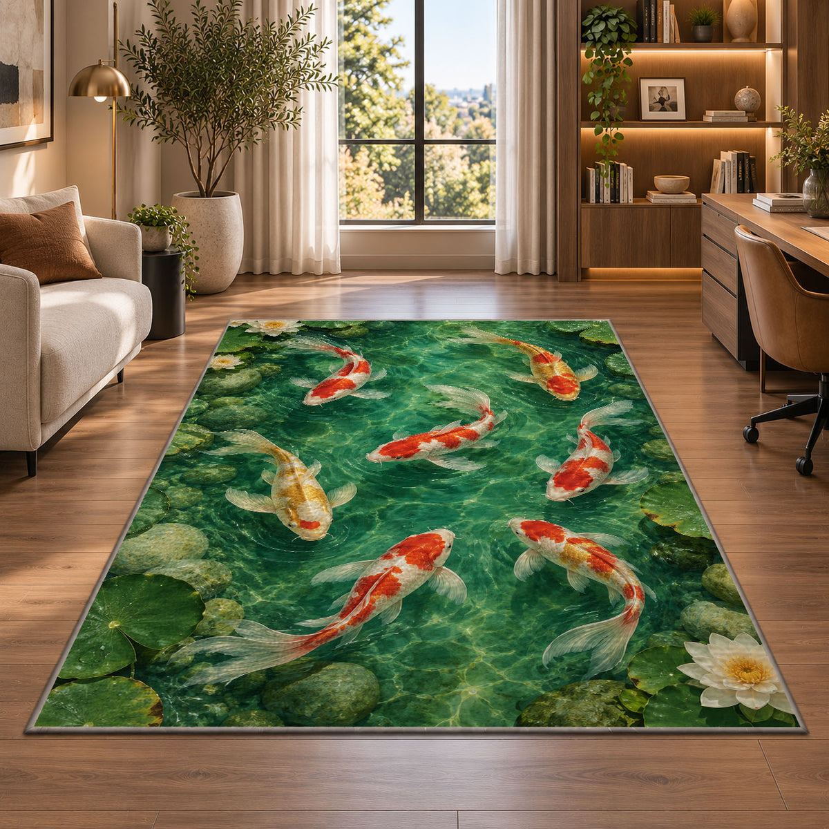 Koi Pond with Lily Pads koi fish rug in a home office beside a desk
