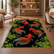 Goldfish in Dark Pond koi fish rug in a study with an armchair and bookshelves