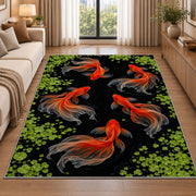 Goldfish in Dark Pond koi fish rug in a living room beside a sofa