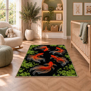 Goldfish in Dark Pond koi fish rug in a nursery with a crib and armchair