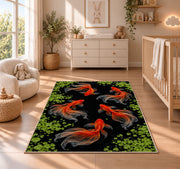 Goldfish in Dark Pond koi fish rug in a nursery beside a crib