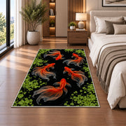 Goldfish in Dark Pond koi fish rug in a bedroom beside the bed