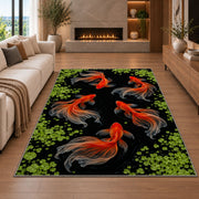 Goldfish in Dark Pond koi fish rug in a living room with a fireplace