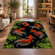 Goldfish in Dark Pond koi fish rug in a home office beside a desk