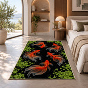 Goldfish in Dark Pond koi fish rug in a bedroom with an arched window