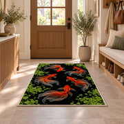 Goldfish in Dark Pond koi fish rug in an entryway