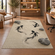 Zen Garden Koi koi fish rug in a study with an armchair and bookshelves