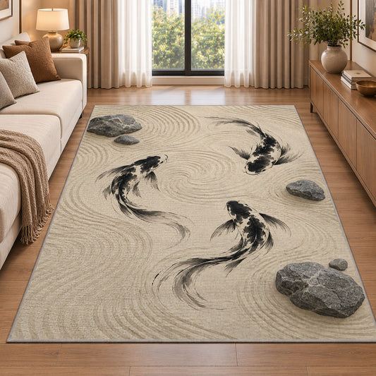 Zen Garden Koi koi fish rug in a living room beside a sofa