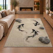 Zen Garden Koi koi fish rug in a living room with a fireplace