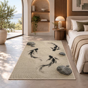 Zen Garden Koi koi fish rug in a bedroom with an arched window