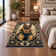 German Shepherd K9 Portrait police rug in a bedroom beside the bed