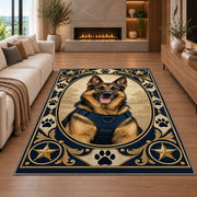 German Shepherd K9 Portrait police rug in a living room with a fireplace