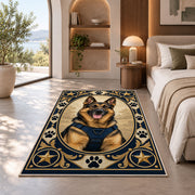 German Shepherd K9 Portrait police rug in a bedroom with an arched window
