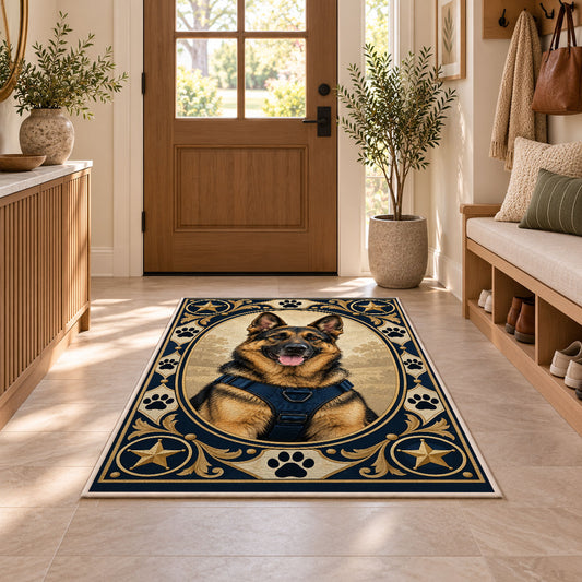 German Shepherd K9 Portrait police rug in an entryway