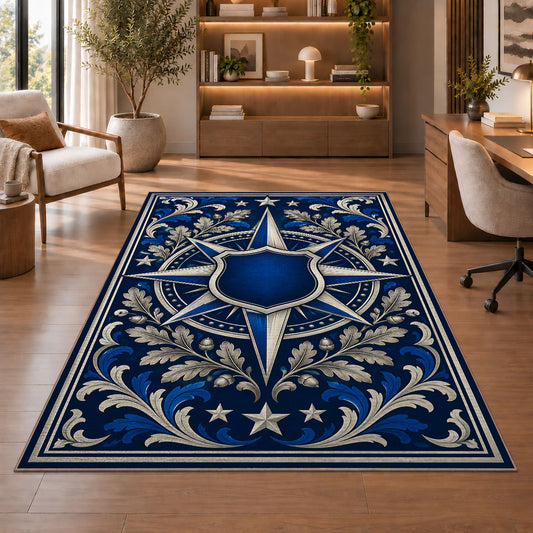 Blue Star Compass Shield police rug in a study with an armchair and bookshelves