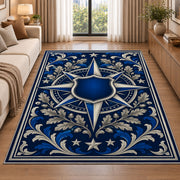 Blue Star Compass Shield police rug in a living room beside a sofa