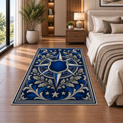 Blue Star Compass Shield police rug in a bedroom beside the bed