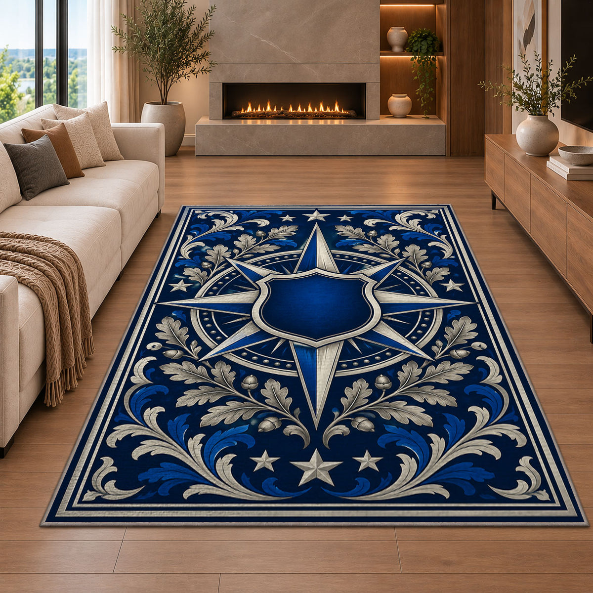 Blue Star Compass Shield police rug in a living room with a fireplace