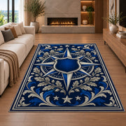 Blue Star Compass Shield police rug in a living room with a fireplace