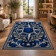 Blue Star Compass Shield police rug in a home office beside a desk