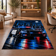 Patrol Car in Rainy Night City police rug in a study with an armchair and bookshelves