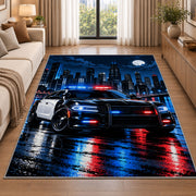 Patrol Car in Rainy Night City police rug in a living room beside a sofa