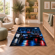 Patrol Car in Rainy Night City police rug in a nursery with a crib and armchair