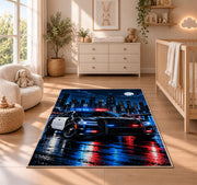 Patrol Car in Rainy Night City police rug in a nursery beside a crib