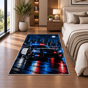 Patrol Car in Rainy Night City police rug in a bedroom beside the bed