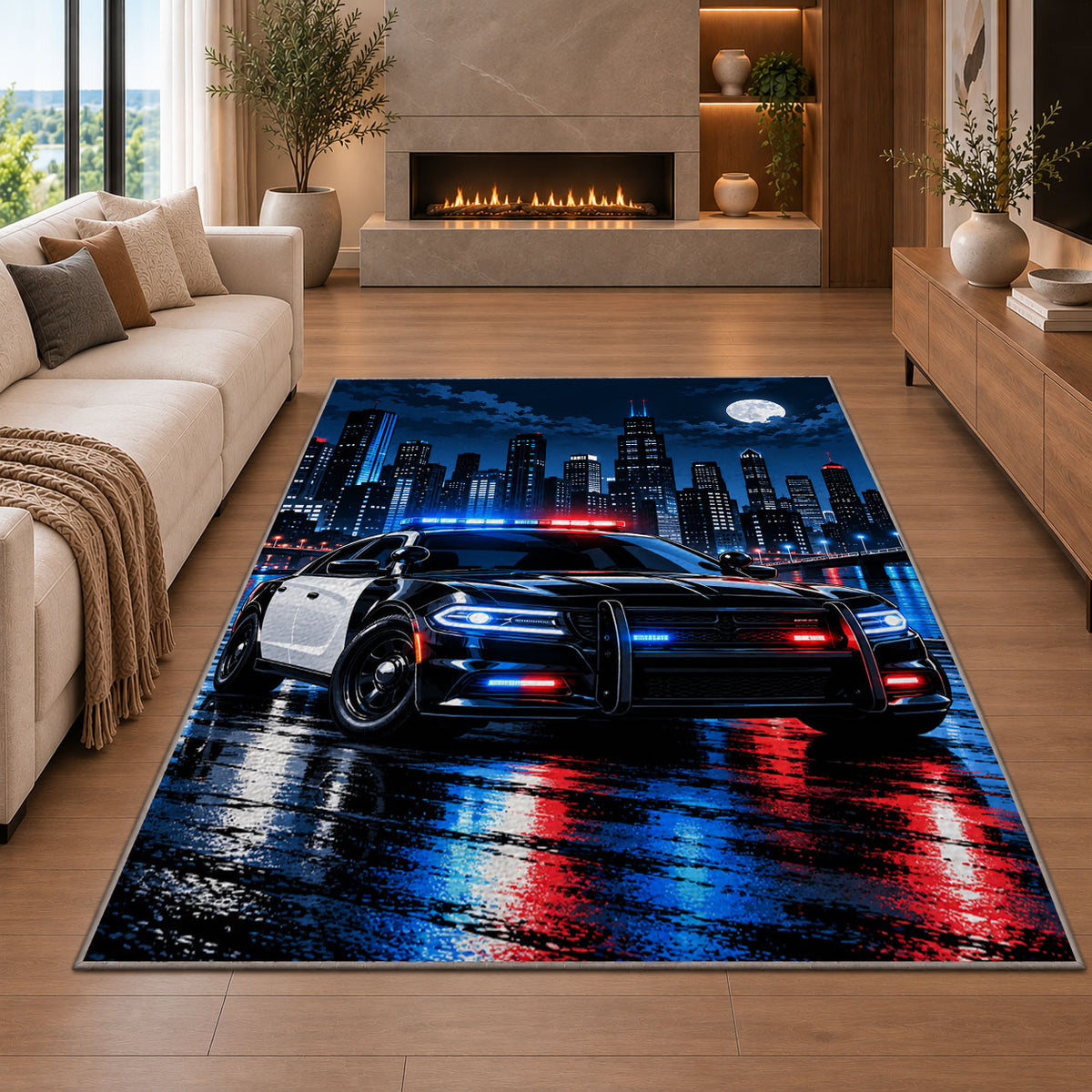 Patrol Car in Rainy Night City police rug in a living room with a fireplace