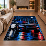 Patrol Car in Rainy Night City police rug in a living room with a fireplace