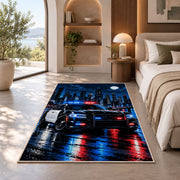 Patrol Car in Rainy Night City police rug in a bedroom with an arched window