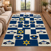 Police Icons Checkerboard police rug in a living room beside a sofa