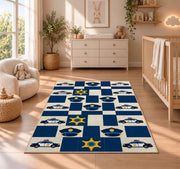 Police Icons Checkerboard police rug in a nursery beside a crib