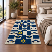 Police Icons Checkerboard police rug in a bedroom beside the bed