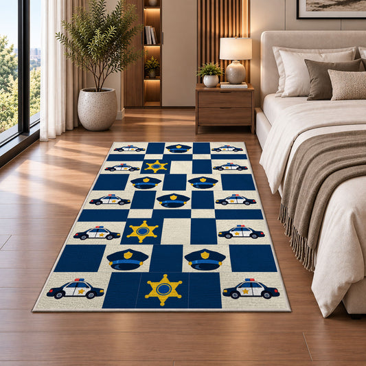 Police Icons Checkerboard police rug in a bedroom beside the bed