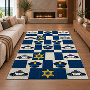 Police Icons Checkerboard police rug in a living room with a fireplace