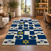 Police Icons Checkerboard police rug in a home office beside a desk