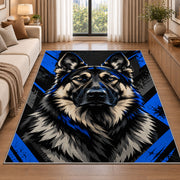 K9 Shepherd Graphic police rug in a living room beside a sofa