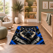 K9 Shepherd Graphic police rug in a nursery with a crib and armchair